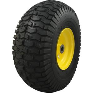 15x6.00-6 Pneumatic, OEM Like Replacement Front Tire and Wheel Assembly, Compatible with John Deere Mowers, Turf Saver, 4PR Tube-Type Tire, Yellow Wheel, 3-Inch Offset Hub, 3/4-Inch Bushings