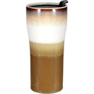 Double Wall Ceramic Coffee Mug with Lid, 15oz Large Insulated Travel Coffee Mugs, Splash Resistant, Dishwasher Microwave Safe, Portable Coffee Cup for Car Cup Holder, Unique Gift (Brown)