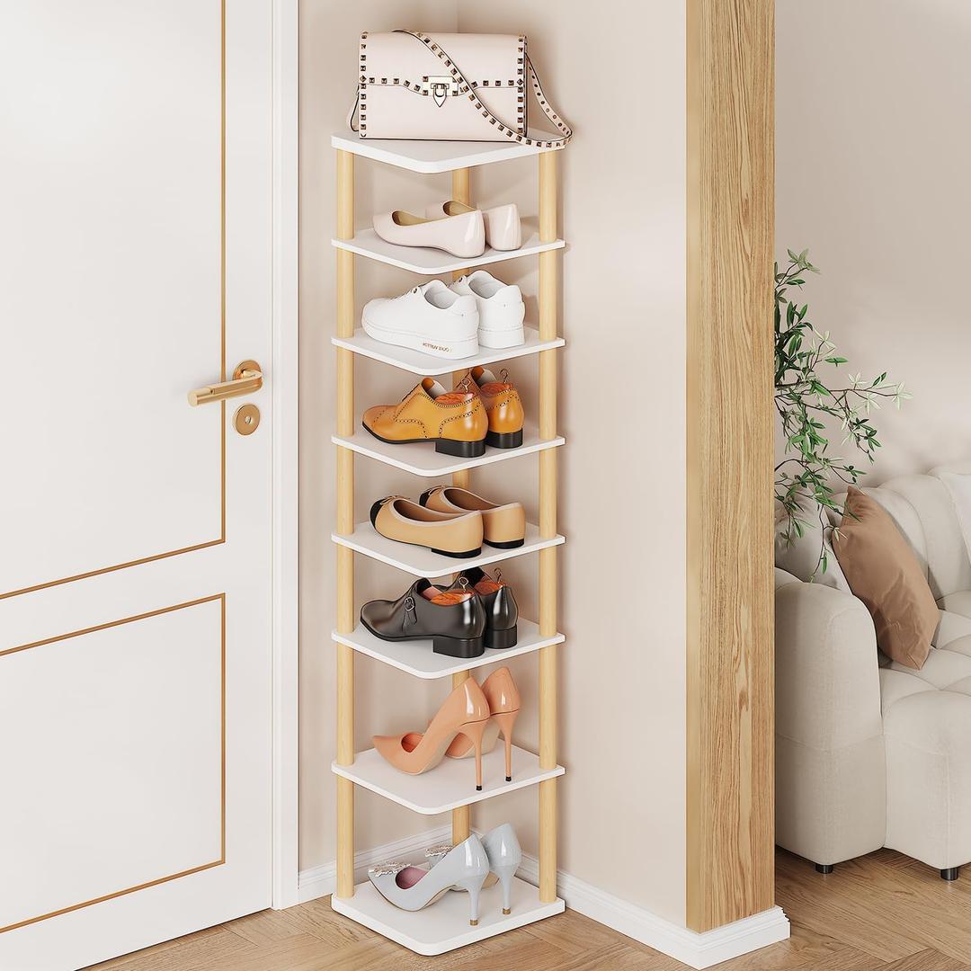 8 Tiers Vertical Shoe Rack, Tall Narrow Shoe Tower, Corner Shoe Rack, White, 10.2D x 11W x 48.3H in