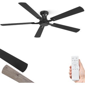 ZMISHIBO 60 Inch Ceiling Fan No Light, Flush Mount Low Profile, Modern Black Ceiling Fan Without Light, Remote Control & Quiet DC Motor, for Indoor&Outdoor, Bedroom, Living Room