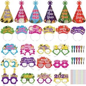 HOWAF New Years Eve Party Supplies 2026, 48 Pieces Colorful New Years Eve Hats Happy New Year Headband 2026 Glasses Party Blowouts and Necklace NYE Party Supplies New Years Eve Accessories Kit