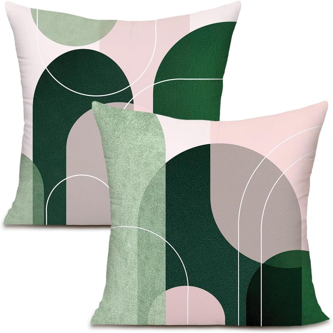 Pink and Green Circle Throw Pillow Covers Decorative for Couch Sofa Bed Living Room Bedroom 18x18 inches Set of 2