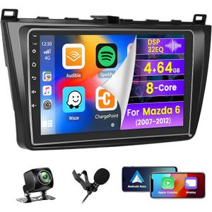 8 Core 4+64G Car Radio for Mazda 6 2007 2008 2009 2010 2011 2012, 9" Touch Screen Bluetooth Radio with Carplay Android Auto, Support Bluetooth5.0 32EQ 1280 * 720 Resolution GPS WiFi + Backup Camera