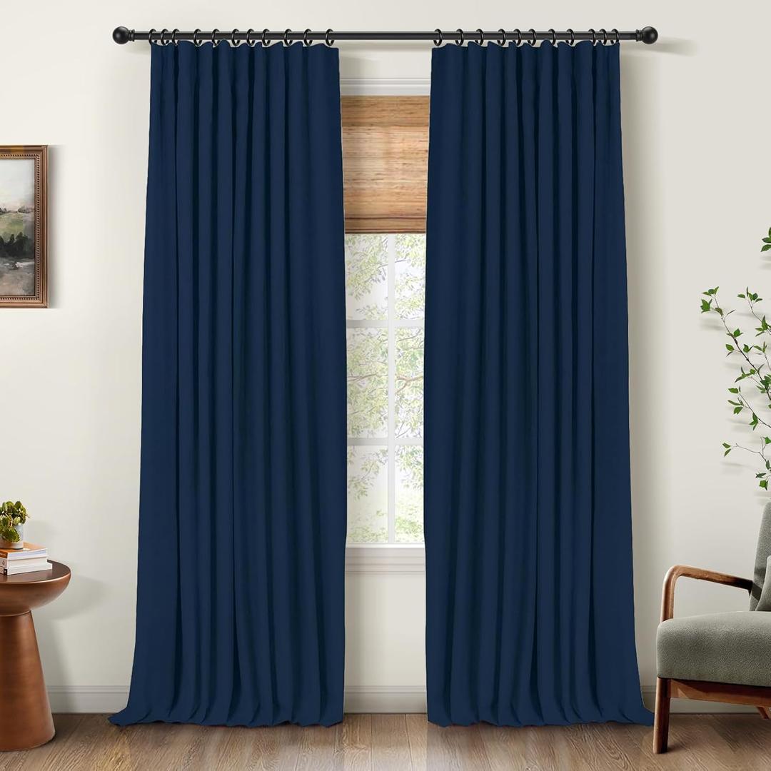 INOVADAY 100% Blackout Curtains for Bedroom, Black Out Curtains 84 Inch Long, Clip Rings Linen Blackout Drapes, Thermal Insulated Room Darkening for Living Room, 2 Panels - Midnight Blue, W50xL84