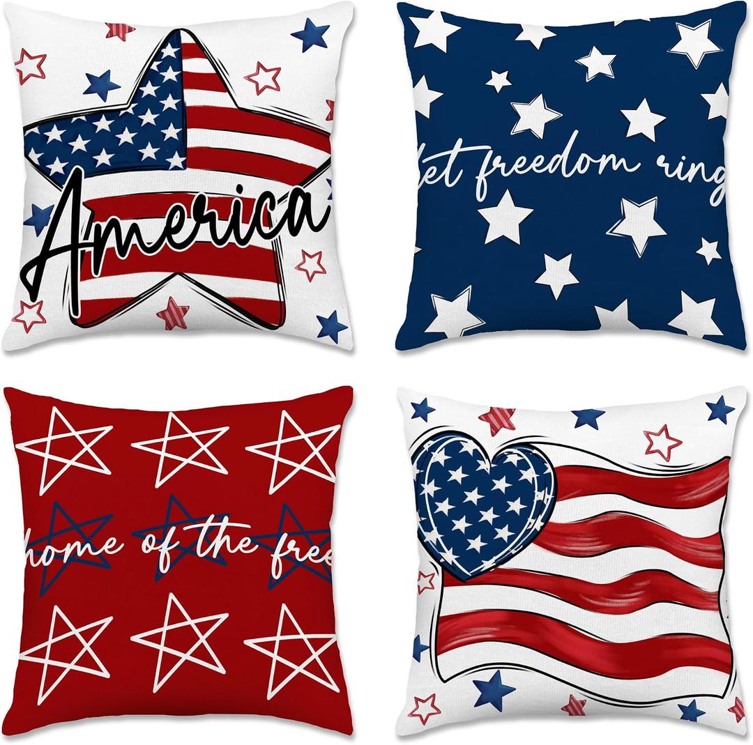 Hexagram 4th of July Pillow Covers 18x18 July 4th Decor Patriotic American Flag Throw Pillow Covers Set of 4 Decorations Star Independence Memorial Day Home Decor