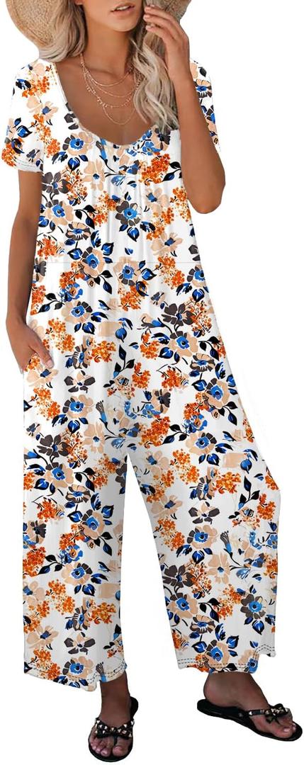 Jumpsuits for Women Summer Casual Short Sleeve Wide Leg Pants Long Rompers with Pockets Dressy Stretchy Comfy Small