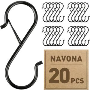 Navona 20 Pcs S Hooks for Hanging Heavy Duty, 3.5-inch Heavy Duty Metal S Hook with Safety Buckle, Suitable for 0.5 inch Rods, S Hook for Hanging Plants, Closet, Kitchen Utensil, Pot, Pan, Bags