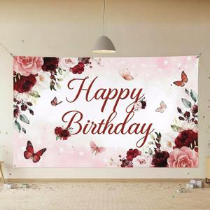 Birthday Backdrop for Women 7143 Inch Birthday Photo Backdrops with String Butterfly and Rose Background for Party Decoration, Can Also Be Used as Photography Background