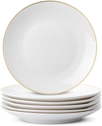 BTaT- White Dessert Plates with Gold Rim, Set of 6, 8" Round, Porcelain, Elegant Style, Dinner Plates