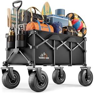 All-Terrain Beach Wagon with 10" x 3.5" Big Inflatable Rubber Wheels for Sand, 220L Collapsible Utility Wagon, 400 lbs Heavy Duty Folding Cart with 2 Cup Holders for Camping, Sports, Garden, Black