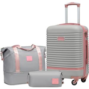 Coolife Suitcase Set 3 Piece Luggage Set Carry On Travel Luggage TSA Lock Spinner Wheels Hardshell Lightweight Luggage Set(Gray+Pink, 3 piece set (DB/TB/20))