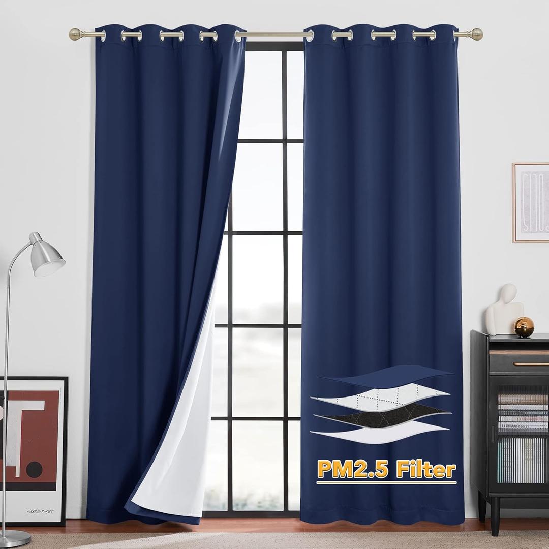 RYB HOME 4 in 1 Set Dust Filter - Soundproof - Blackout - Insulating, Energy Efficiency Linen Curtains for Kids Bedroom Living Room Divider Apartment Hotel Office Theatre, Navy Blue, W 52 x L 95, 2 Pcs