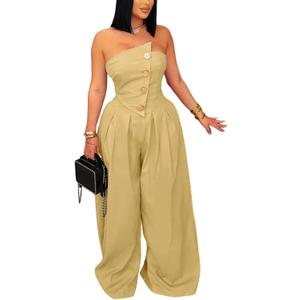 NRTHYE Women Sexy Strapless Wide Leg Jumpsuits Summer Loose Casual Button Tube Top Dressy One Piece Romper (Yellow, Large)