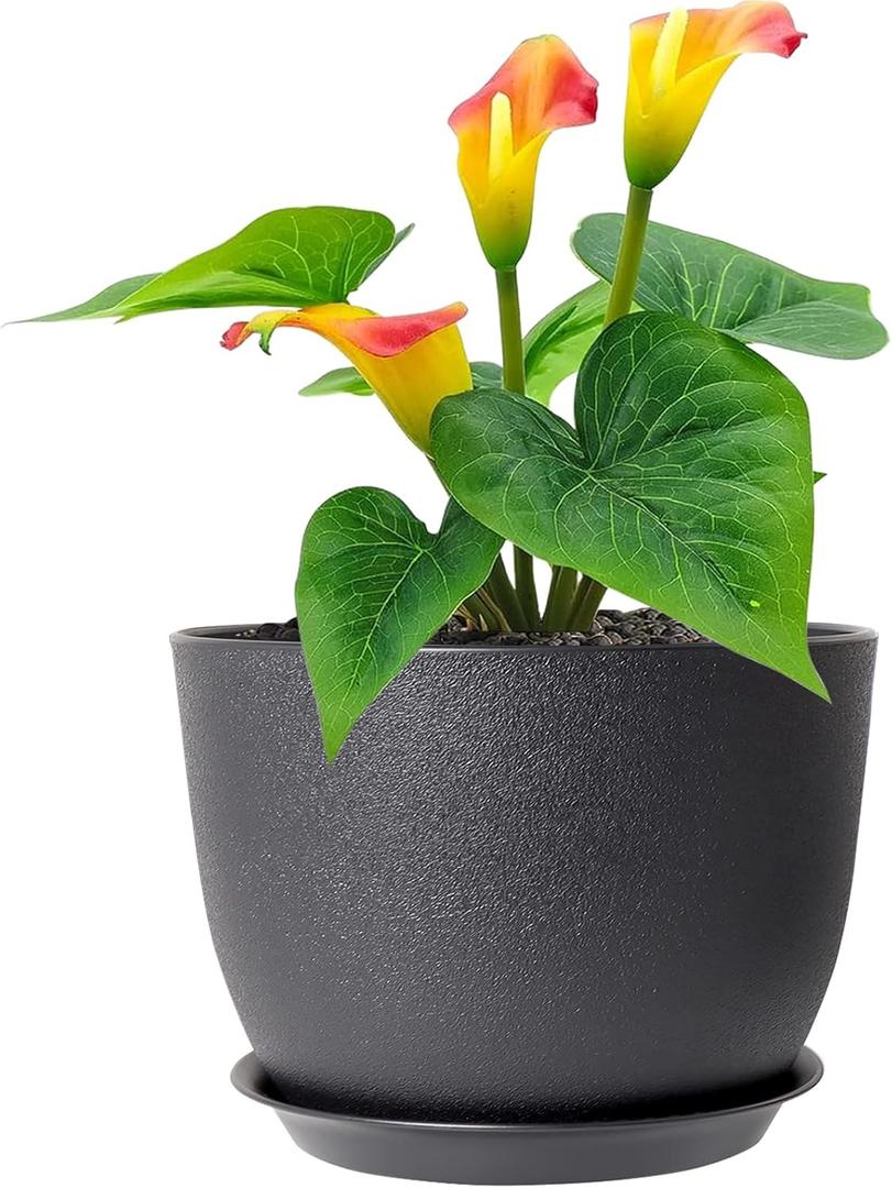 Meowell 12 inch Large Plant Pots, Plastic Planters with Drainage Holes and Saucers, Flower Pots for Indoor Outdoor Plants, Modern Decorative Pots for Garden House Plants, Black