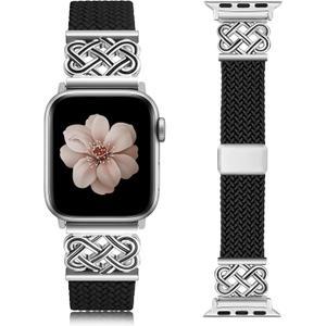 TOYOUTHS Braided Magnetic Band Compatible with Apple Watch Bands 38/40/41/42/44/45/46/49mm Women Men, Dressy Celtic Metal Stretchy Elastic Strap for iWatch Series 11 10 9 8 7 6 5 4 SE/Ultra 3 2 1 (Black/Silver)