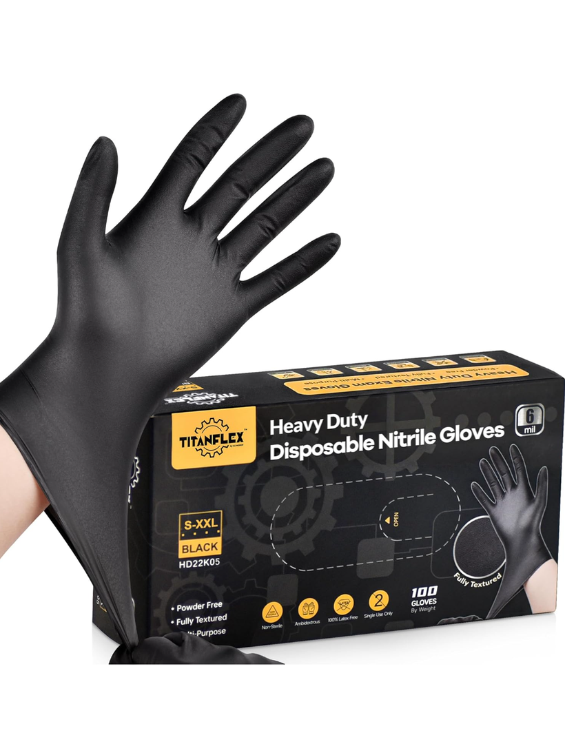 TitanFlex Heavy-Duty Black Disposable Nitrile Gloves, Box of 100, 6-mil, Fully Textured, Powder-Free, Latex-Free, Non-Sterile Size M