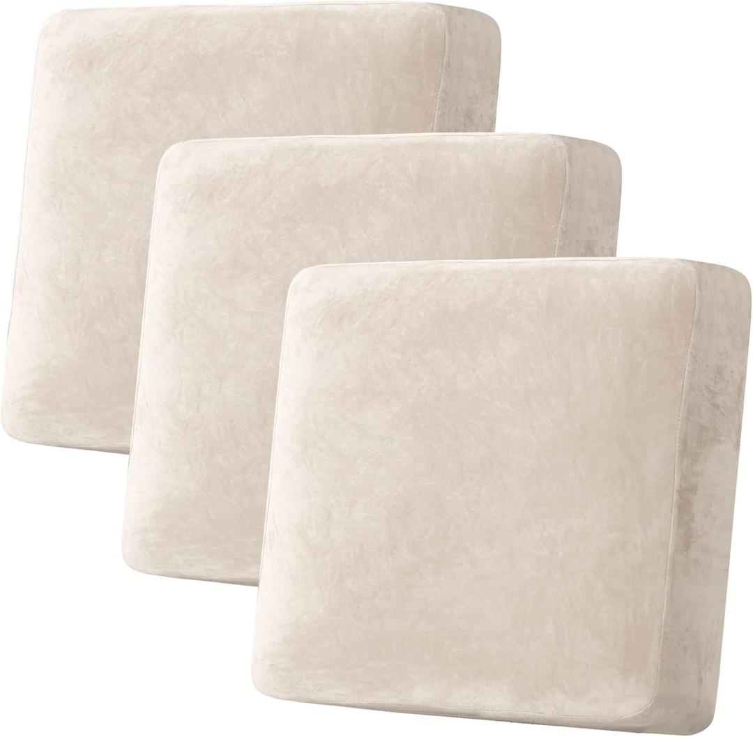 H.VERSAILTEX Velvet Stretch Couch Cushion Cover Plush Cushion Slipcover for Chair Loveseat Sofa Cushion Furniture Protector Seat Cushion Sofa Cover (3 Piece XL Sofa Cushion Covers, Ivory)