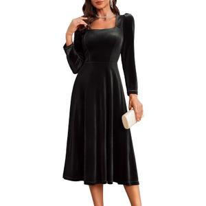 BeryLove Women Velvet Dress Cocktail Party Evening Dresses Long Sleeve Wedding Guest Formal Dresses (Black, XXL)