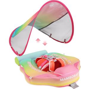 Mambobaby Baby Swim Float with Tail & UPF Sun Canopy Rainbow