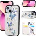UEEBAI Wallet Case for iPhone 14 with Card Holders, PU Leather Cover Kickstand RFID Blocking Double Magnetic Clasp Rilievo Flower Shockproof Flip Case for Women Girls - Blue Butterfly