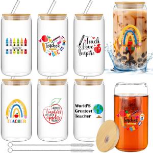 Maxcheck 6 Sets End of Year Gifts for Women Men 16 oz Glass Coffee Cups with Lid and Straw Cleaning Brush Thank You End of Year Graduation Gifts for Students