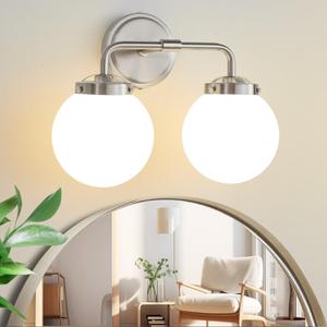 Bathroom Light Fixtures Over Mirror, Brushed Nickel Modern Vanity Lighting with Milk White Glass Globe Shades 2-Light Farmhouse Wall Sconce (Milk white shade-2lights, Brushed Nickel)