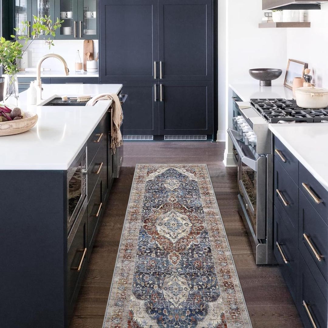 Deerly 2x7ft Bohemian Kitchen Runner Rug - Floral Design, Soft Low Pile, Non-Slip, Border Brown/Navy Blue