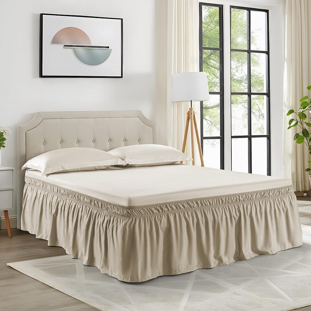 Khaki Wrap Around Bed Skirt for Full/Queen Beds 18" Drop,Bed Skirt Adjustable Elastic Dust Ruffles Easy Fit Wrinkle & Fade Resistant Luxurious Fabric Machine Washable Taupe, Full/Queen