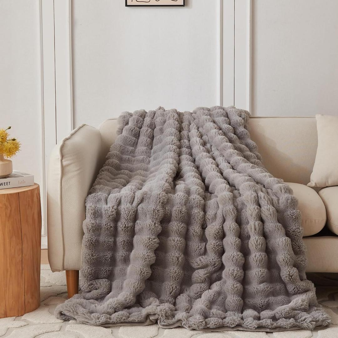 COOVA Faux Fur Throw Blanket for Couch, Cozy Soft and Fuzzy Plush Rabbit Fur Bubble Blanket for Sofa Bedroom Living Room, 50x60 Inches Grey