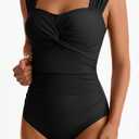 Womens One Piece Swimsuits Tummy Control Twist Front Bathing Suits Full Coverage Swimsuit Wide Straps Swimwear (Black, L)