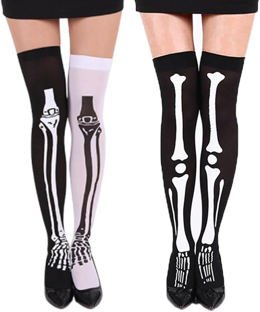 Geyoga 3 Pairs Thigh High Stockings for Women Skeleton Spooky Socks Over Knee Long Socks for Halloween Cosplay