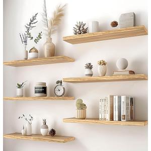 PHPH 24 Inch Wood Floating Shelves for Wall, Wooden Wall Shelves for Bedroom, Set of 6 Light Brown (24in, Light Wood)