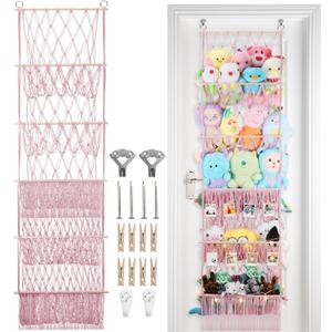 5 Tier Stuffed Animal Storage Shelf Net, 17x61 Inch Large Plushie Net w/LED Light & Clips for Mini Medium Stuffy Teddy, Pink Boho Macrame Wall Toy Holder Display for Nursery Kids Girls Boys