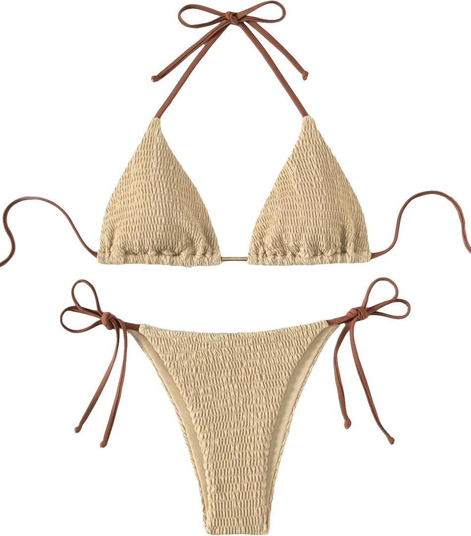 COZYEASE Women's 2 Piece Bikini Sets Smocked Halter Triangle Top Tie Side Bottom Swimsuit Bathing Suit Beachwear (Khaki), M