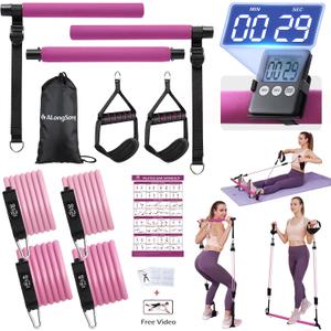Upgraded Pilates Bar Kit with Resistance Bands Natural Latex for Women & Men, Heavy-Duty Stainless Steel Multifunctional Yoga Pilates Stick for Home Gym Exercise Fitness Equipment Full-Body Workouts (Purple Red(30/40lbs))