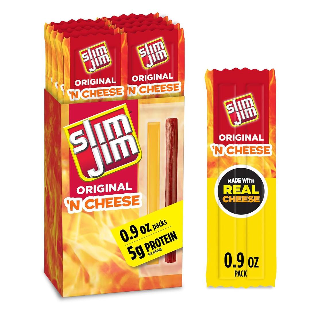 Slim Jim Beef 'N Cheese Smoked Meat Sticks, Original Flavor, 5g Protein Per Serving, Snack Size, Easter Basket Stuffer for Men, 0.9 oz. (10 Count) (EXP 04/10/26)