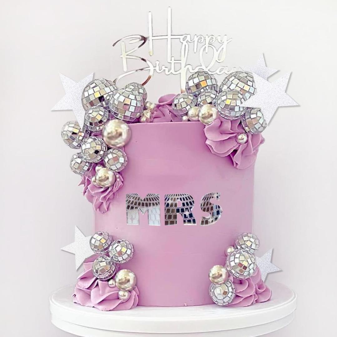 40Pcs Disco Ball Cake Toppers Silver Balls Cake Decorations with Silver Mirror Balls Happy Birthday Cake Topper Star Cake Toppers for 70s 80s 90s Disco Music Dance Themed Party Decorations Supplies