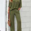 PRETTYGARDEN 2 Piece Lounge Sets for Women Summer 2025 Short Sleeve Tops Wide Leg Pants Matching Travel Outfits Clothing (Army Green,X-Small) (XS)
