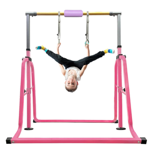 kechery Foldable Gymnastics Bar with Mat, Rings and Bar Pad for Junior Kids, 3'-8' Adjustable Height and Expandable Gymnastics Horizontal Bar Indoor Equipment for Kid's Training at Home.