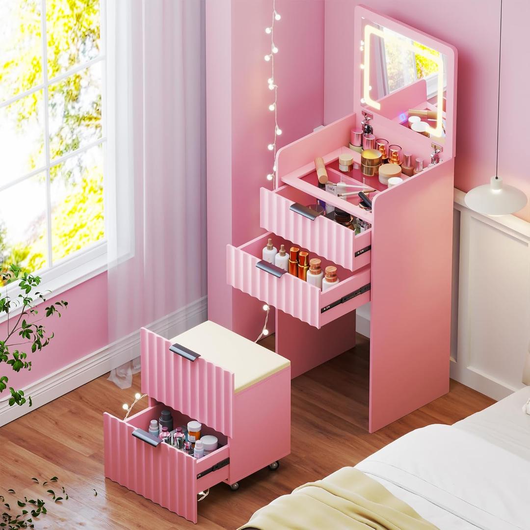 Small Vanity Desk with Flip Top Mirror and Lights,Fluted Compact Makeup Vanity with Hidden Storage Stool and Drawers,Modern Vanity Table Set for Small Space, Bedroom,Pink