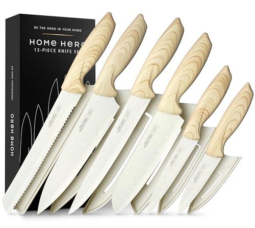 Home Hero Kitchen Knife Set with Sharpener - High Carbon Stainless Steel Knife Block Set with Ergonomic Handles (12 Pcs - Cream)