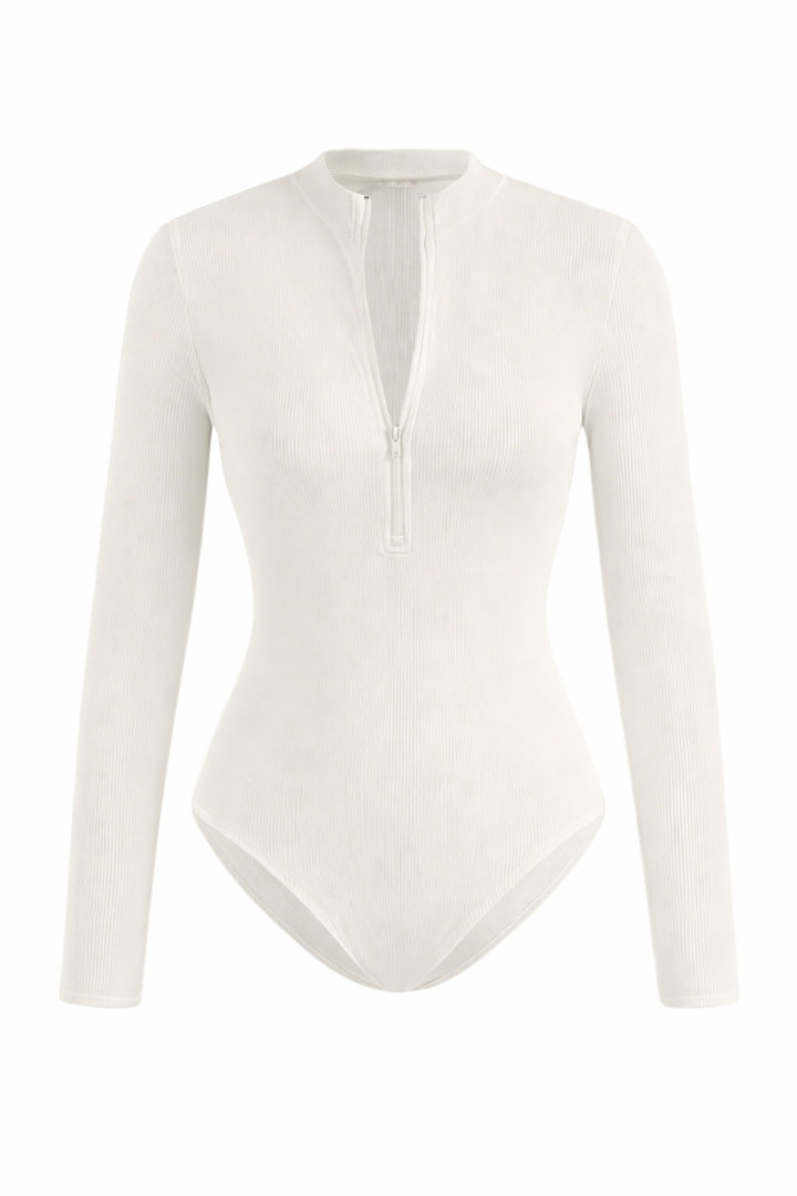 SOLY HUX Women's Half Zip Mock Neck Bodysuit 2 Packs Long Sleeve Leotard Shirts Fitted Tops (Large, White)