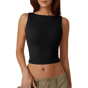 QINSEN Women's Sexy Open Back Sleeveless Crop Tank High Neck Slim Fit Cropped Tee Shirt Y2k Tops, S