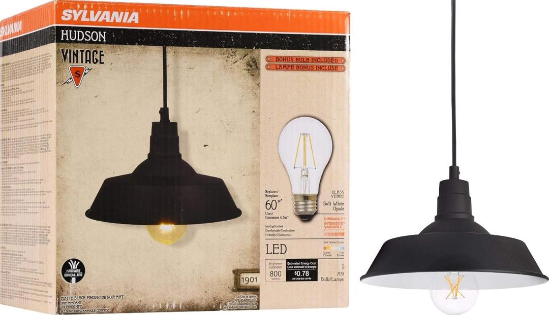 Sylvania Vintage Hudson Antique Pendant Light Fixture with 1 8.5W A19 LED Bulb Included, 800 Lumens, Antique Black, Dimmable (60053)