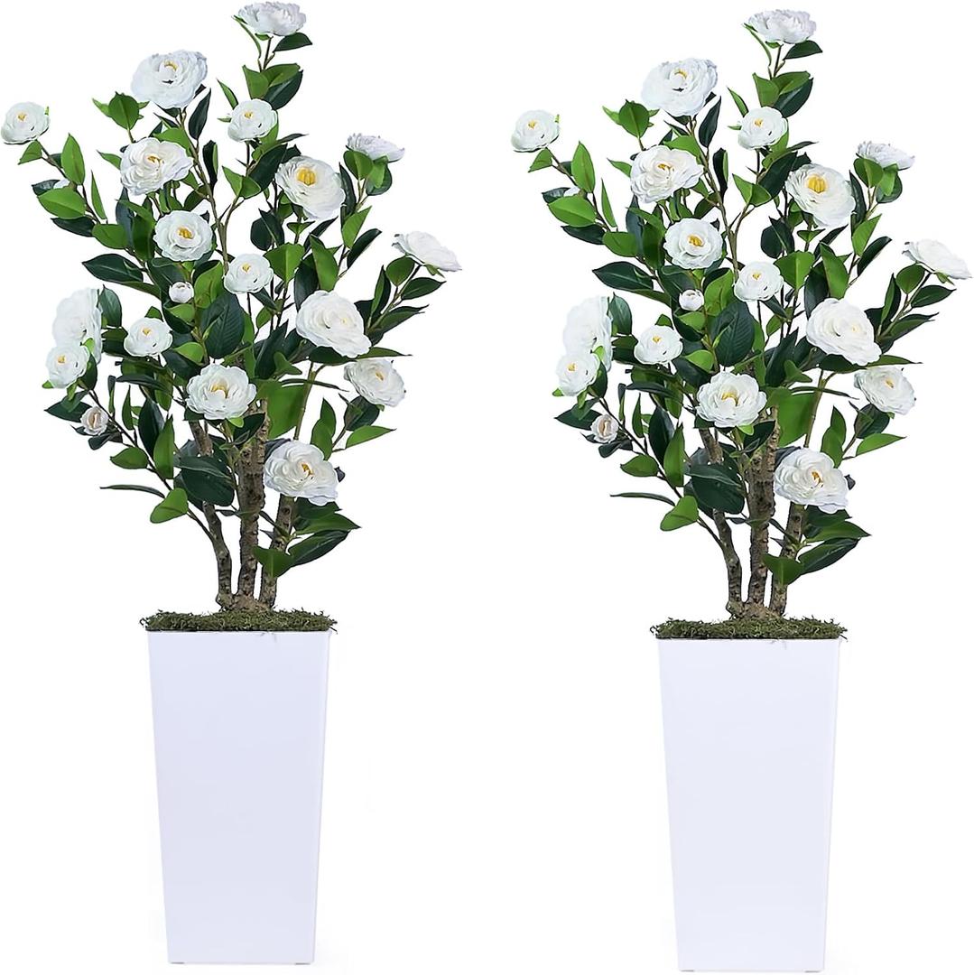 2Pack Artificial Camellia Tree with White Tall Planter 4FT Faux Camellia Plant in Pot with White Flowers, Greenery Potted Plant for Indoor Outdoor Office Home Porch Decor