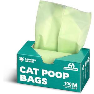 Panther Armor Compostable Cat Litter Bags for Poop - 100x Unscented Pet Waste, 13x9in Leak Proof Kitty Litter Disposal - Odor Proof, Easy Open Dispenser Box of Cat Poop