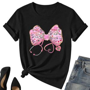 Valentines Nurse Shirt for Women-Valentines Day Bow Short Sleeves Funny Nursing School Tee Tops Black Medium