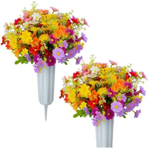 XONOR Artificial Cemetery Flowers Memorial Silk Daisy with Vase for Grave Headstone Decoration, Assorted Colors Daisy for Spring Summer Decoration