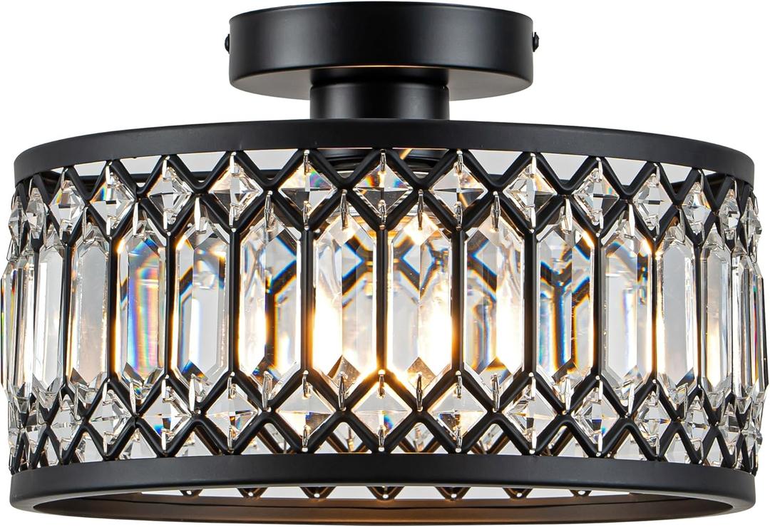 Crystal Ceiling Light Fixture, Modern Flush Mount Ceiling Light, Black Crystal Chandelier for Kitchen Bedroom Bathroom Entryway Hallway