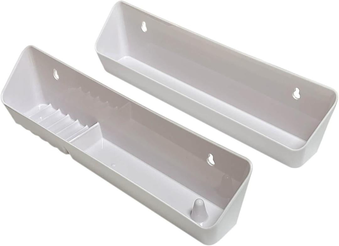 Bueyfolt 14" Kitchen Sink Front Tip-Out Accessory Trays with Mounting Screws, White, 2 Pack (Conventional Open Tray and Accessory Tray with Ring Holder and Soap Dish) 